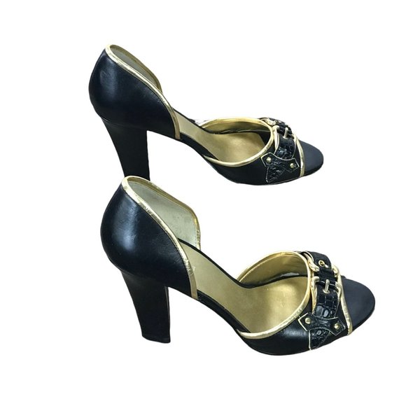 Nine West Women Shoes Black Gold Leather Peep Toe Pumps Heels US Size 7.5 7.5M - Picture 3 of 12